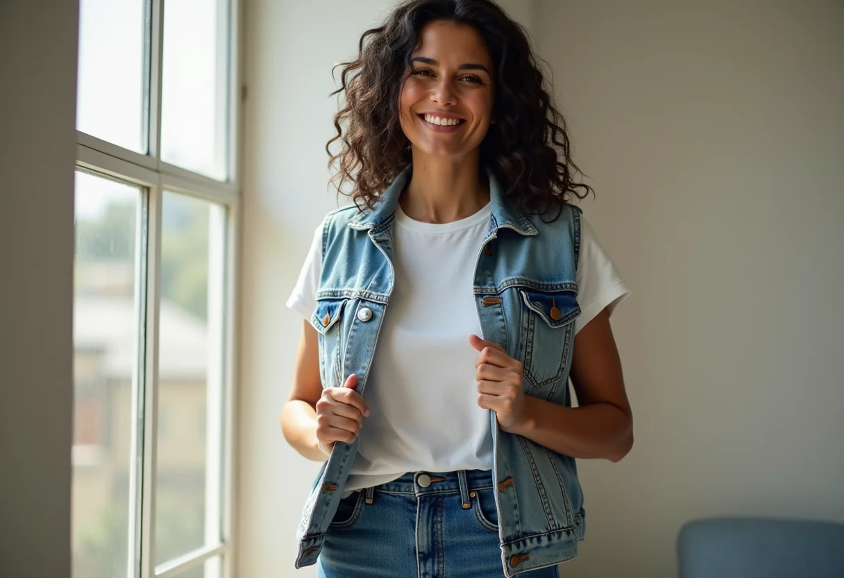 Upcycling de roupas: transforme peças antigas em looks incríveis Mulher sorrindo com jaqueta jeans upcycled em estúdio ensolarado