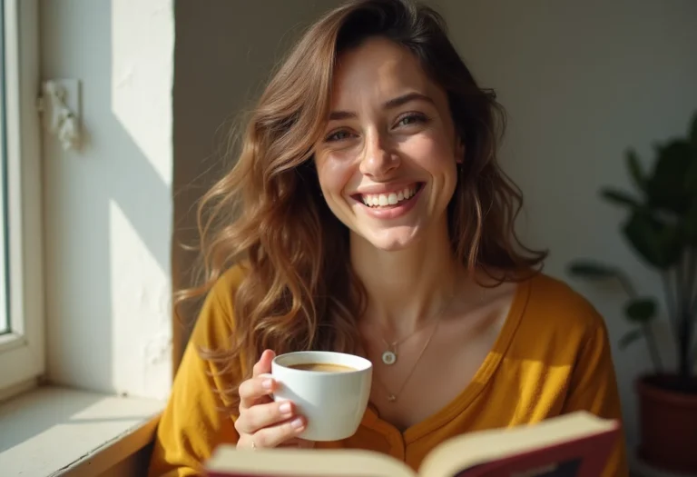 Mulher sorrindo com livro e café