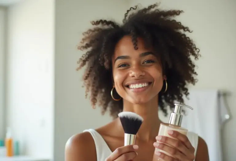 Mulher sorrindo com pincel de maquiagem limpo