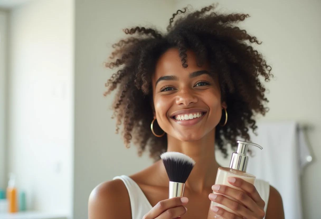 Limpeza de pincéis: o segredo para uma pele perfeita (e saudável) Mulher sorrindo com pincel de maquiagem limpo