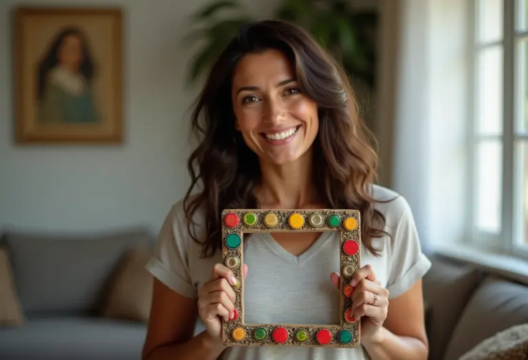 Mulher sorrindo com porta-retrato de tampinhas