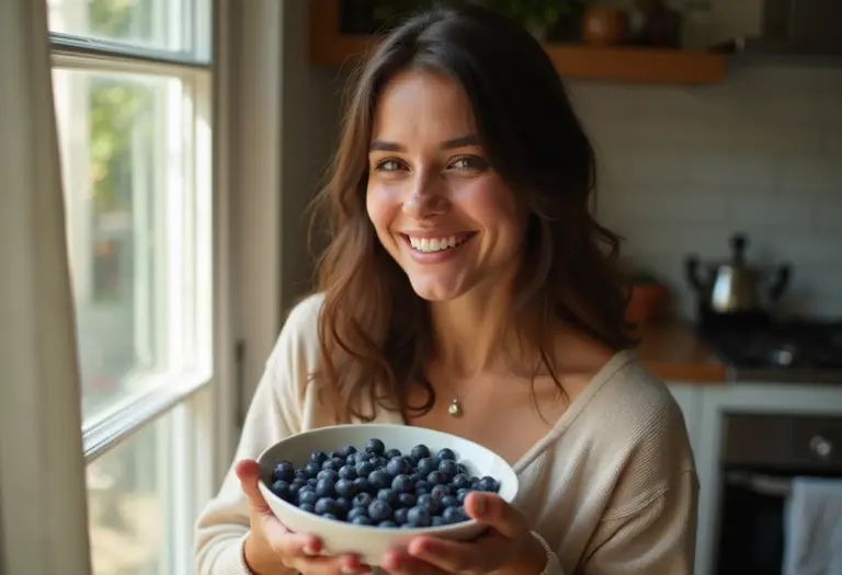 Mulher sorrindo com tigela de blueberry