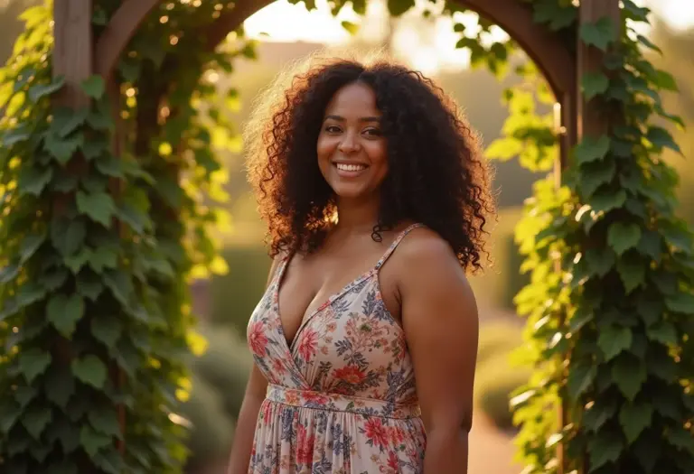 Mulher sorrindo em jardim com treliça e plantas trepadeiras