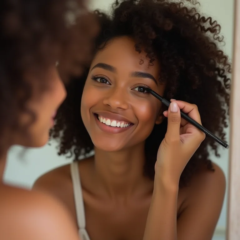 Mulher sorrindo enquanto aplica delineado gatinho.