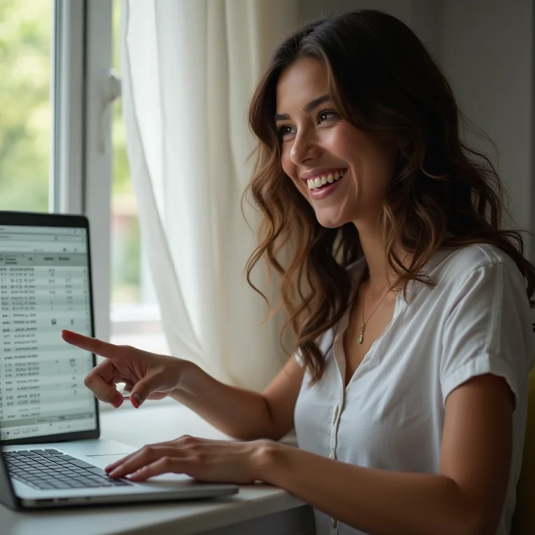 Mulher sorrindo enquanto aponta para uma planilha do Excel