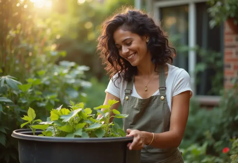Mulher sorrindo enquanto cuida da sua composteira doméstica