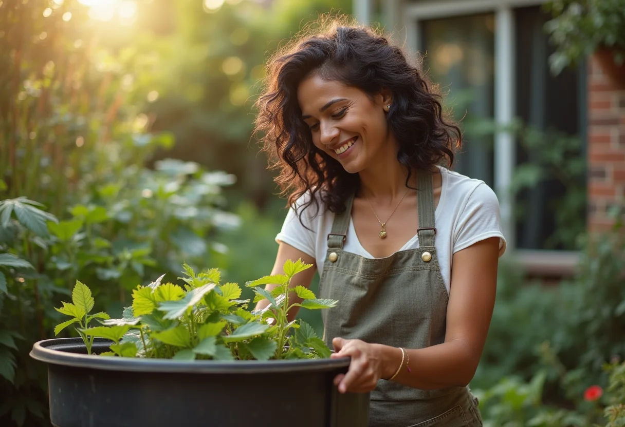 Compostagem Caseira: Guia Simples para Transformar Lixo em Adubo Mulher sorrindo enquanto cuida da sua composteira doméstica