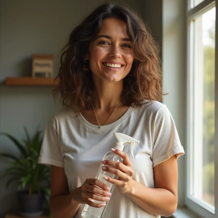 Mulher sorrindo enquanto mistura desinfetante caseiro