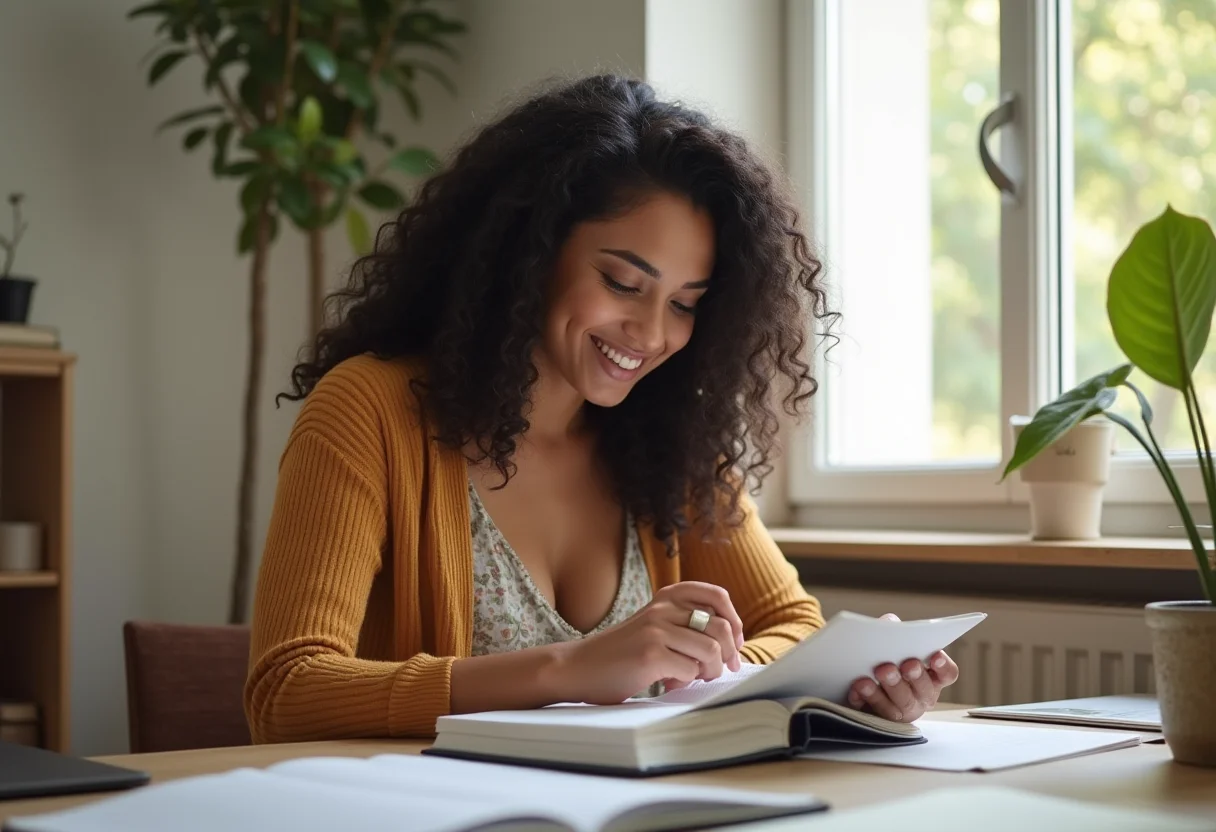 Pare de perder horas: O guia definitivo de gestão de tempo Mulher sorrindo enquanto organiza sua agenda, representando gestão de tempo.