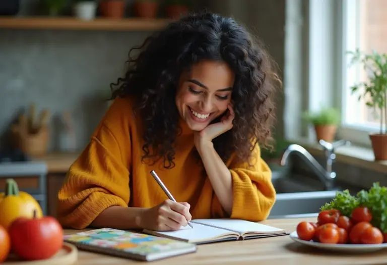 Mulher sorrindo enquanto planeja cardápio semanal.