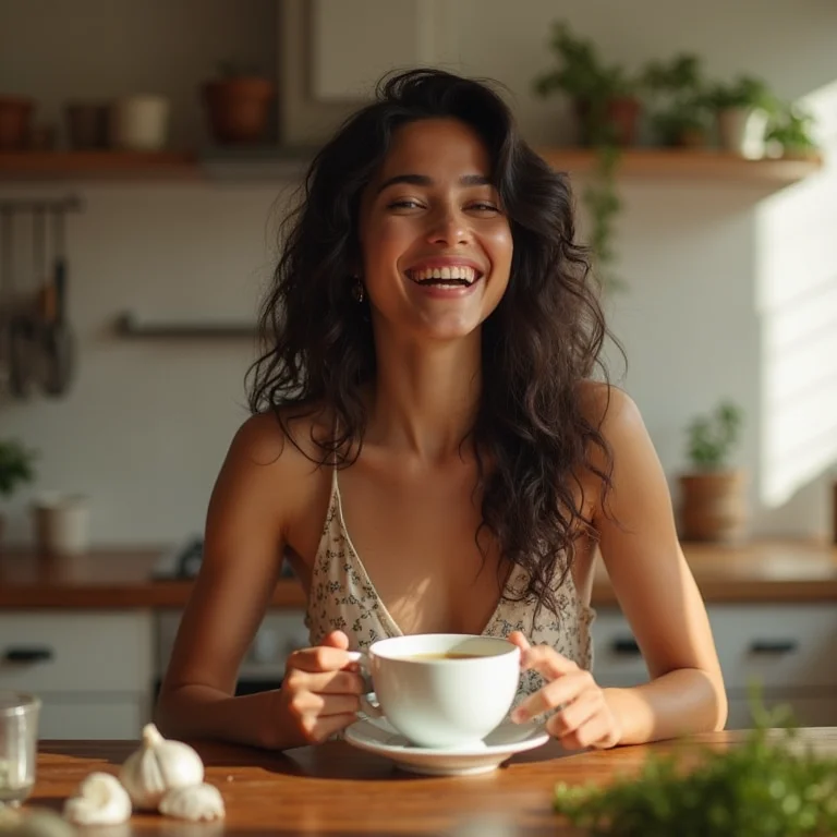 Mulher sorrindo enquanto prepara chá de alho.