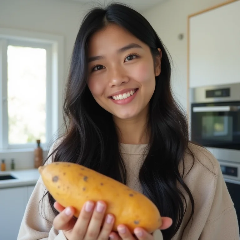 Mulher sorrindo segurando batata doce