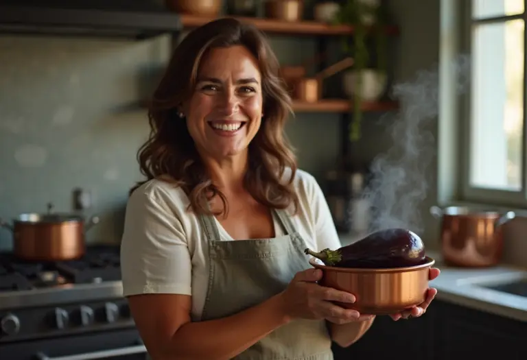 Mulher sorrindo segurando beringela assada