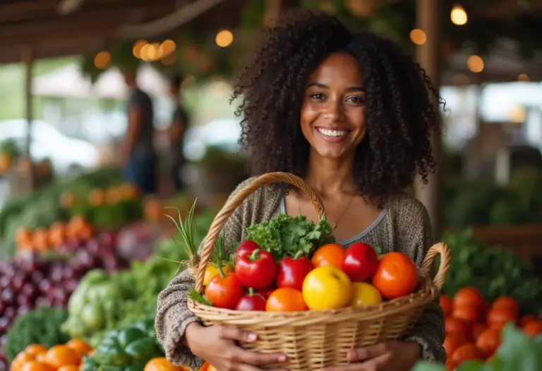 Mulher sorrindo segurando cesta de alimentos sazonais.
