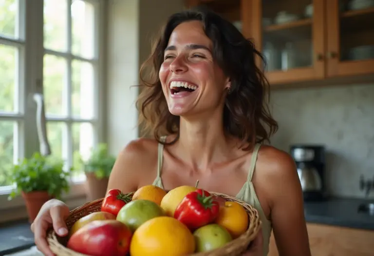 Mulher sorrindo segurando cesta de frutas frescas