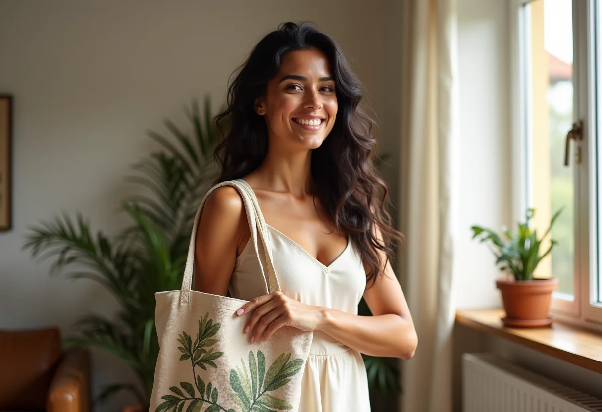 Ecobag perfeita: o guia completo para fazer a sua em casa Mulher sorrindo segurando ecobag artesanal