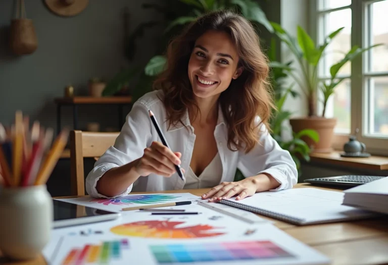 Mulher sorrindo segurando ferramentas de design gráfico