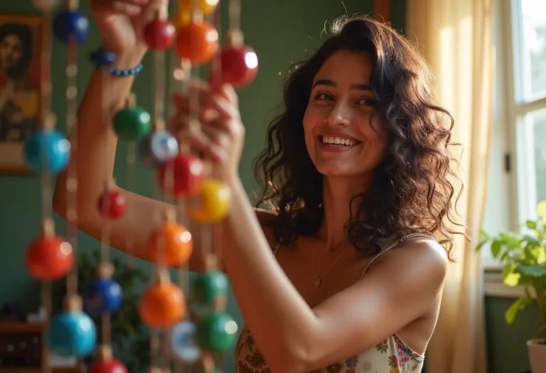 Mulher sorrindo segurando móbile de tampinhas colorido