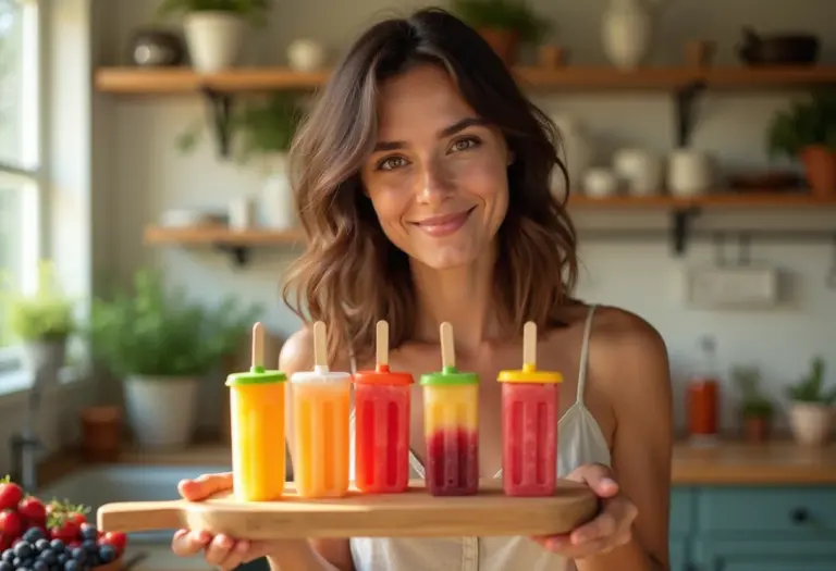 Mulher sorrindo segurando picolés de fruta caseiros
