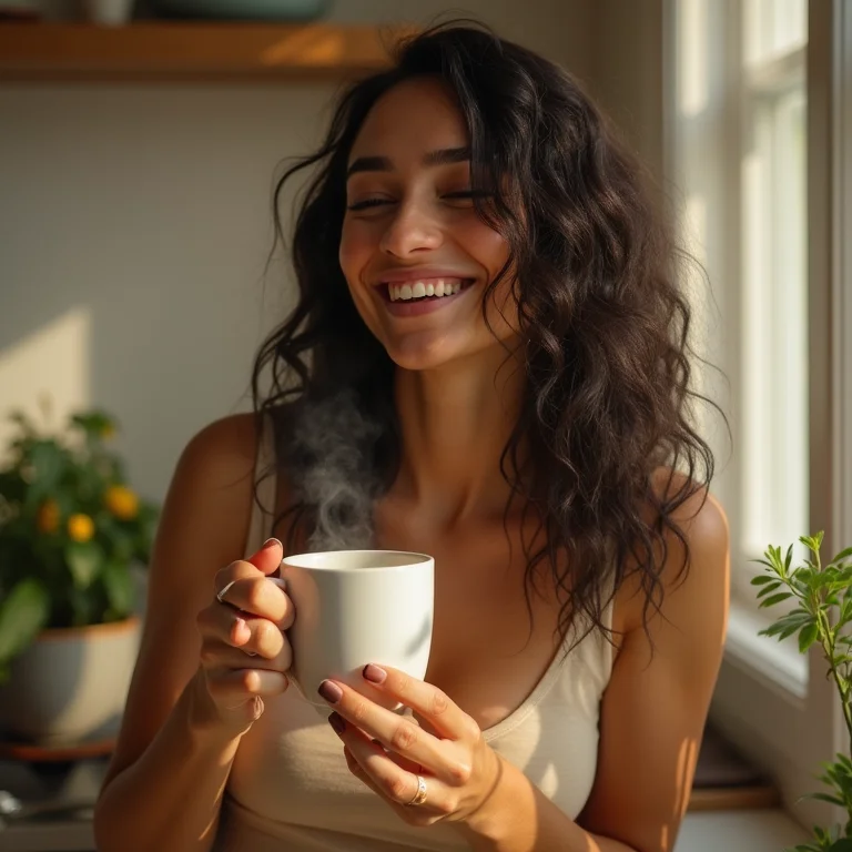 Mulher sorrindo tomando chá de poejo com limão