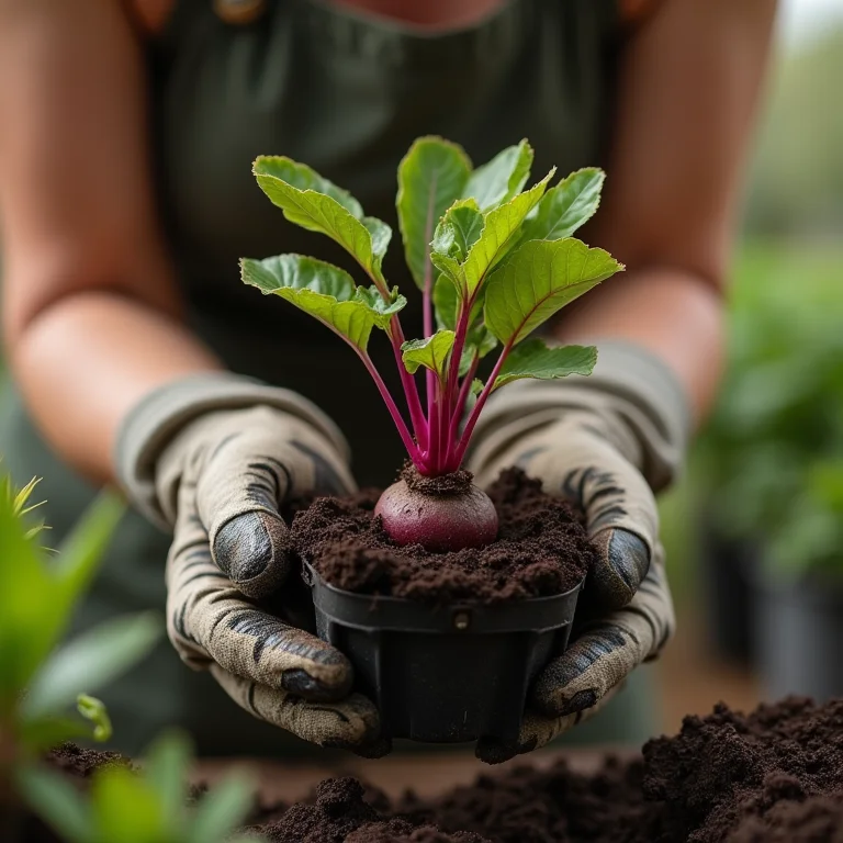 Mulher transplantando muda de beterraba para vaso maior