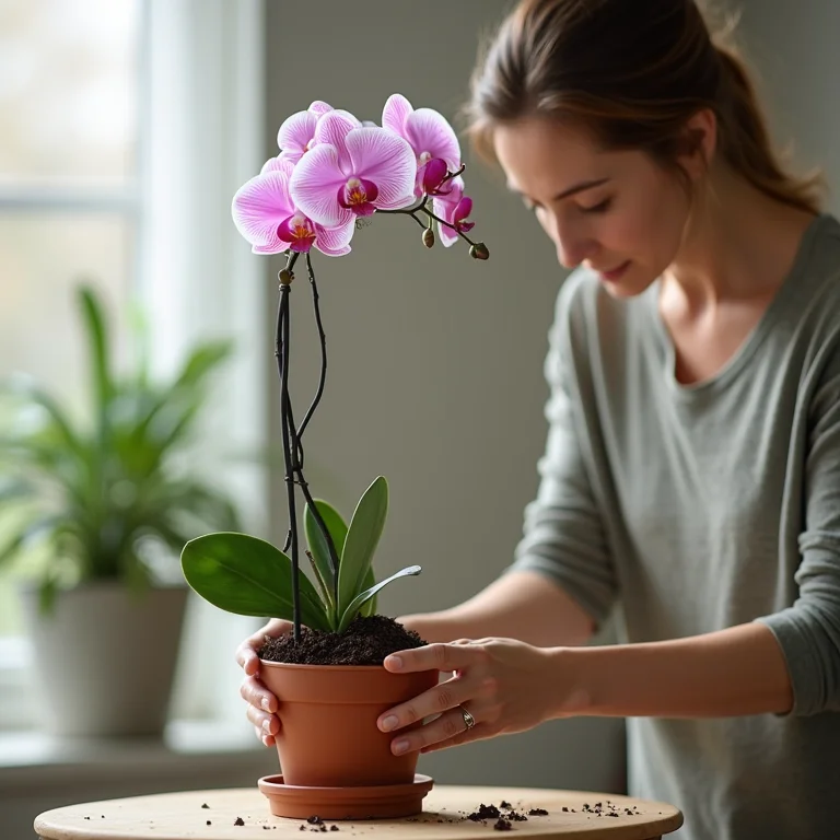 Mulher transplantando orquídea para um vaso maior com substrato novo