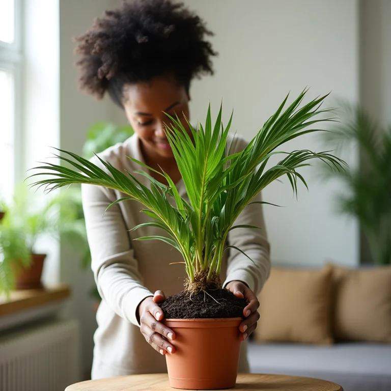 Mulher transplantando uma palmeira ráfia para um vaso maior para estimular o crescimento
