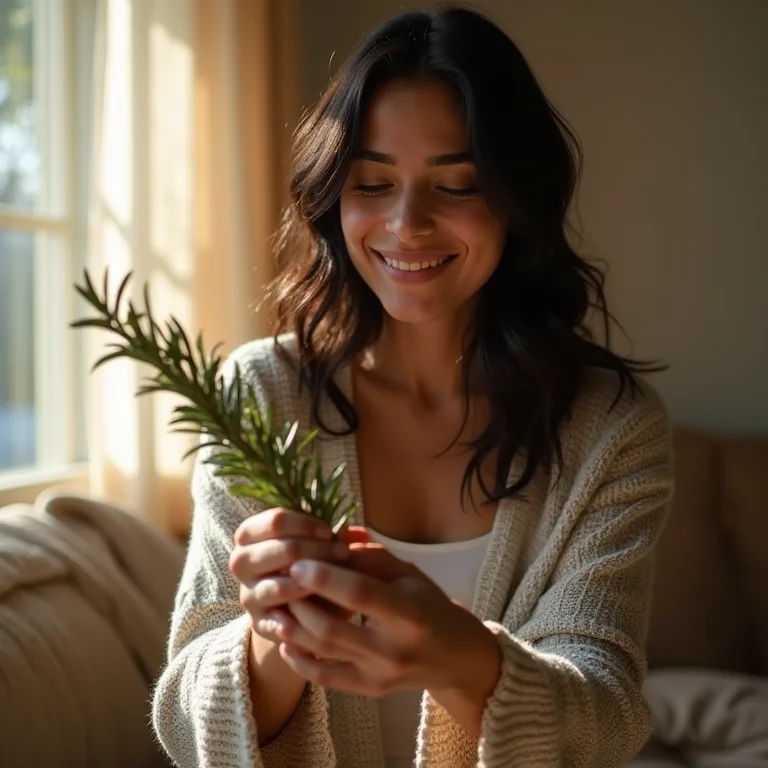 Mulher usando alecrim para defumar a casa.