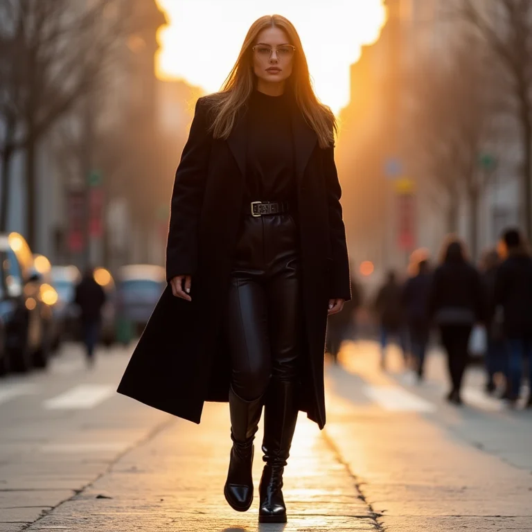 Mulher usando bota de cano alto preta e casaco preto na rua