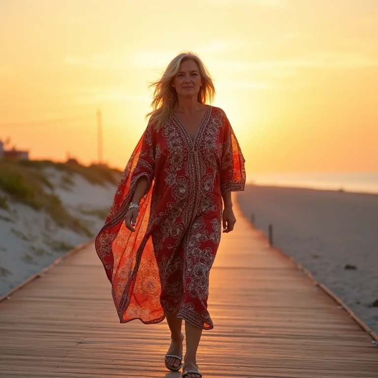 Mulher usando caftan com estampa étnica e sandálias em calçadão de praia