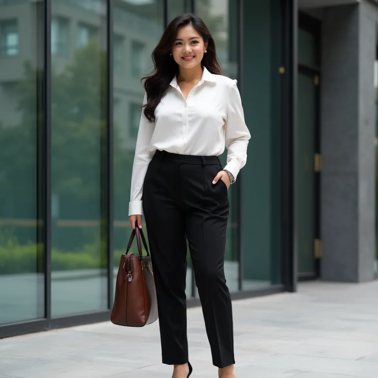 Mulher usando calça de alfaiataria preta e blusa de seda branca em frente a um prédio de escritórios
