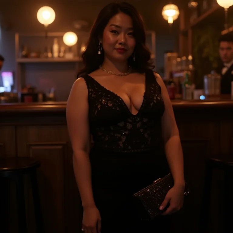 Mulher usando colete de crochê com paetês em um bar