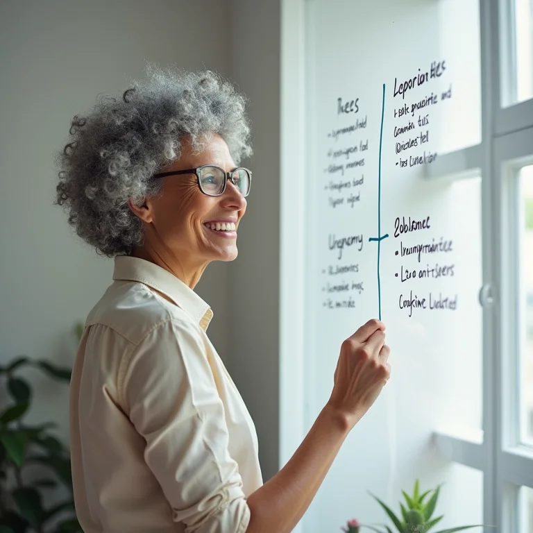 Mulher usando Matriz de Eisenhower para priorizar tarefas.
