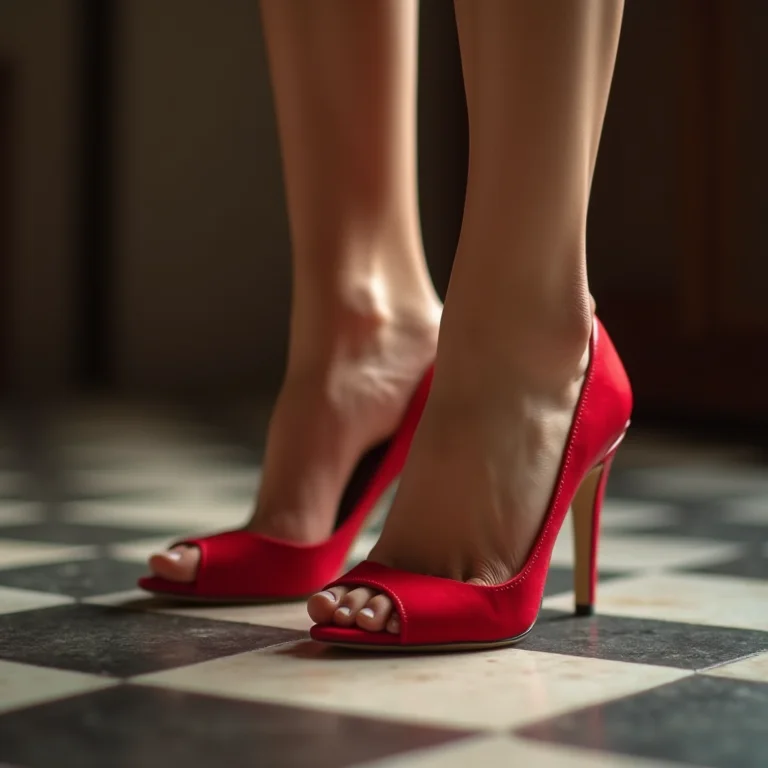 Mulher usando sapatos de salto alto peep-toe vermelhos em um chão quadriculado