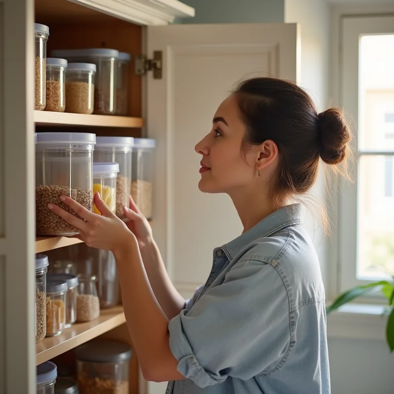 Mulher utilizando organizadores de armário para armazenar potes plásticos.