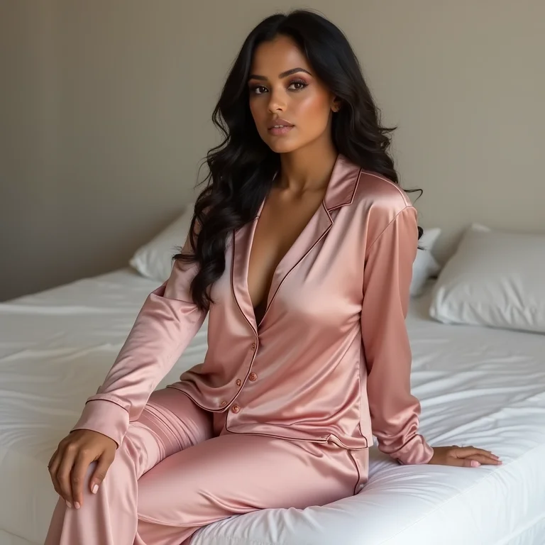 Mulher vestindo pijama rosa claro em quarto com decoração romântica