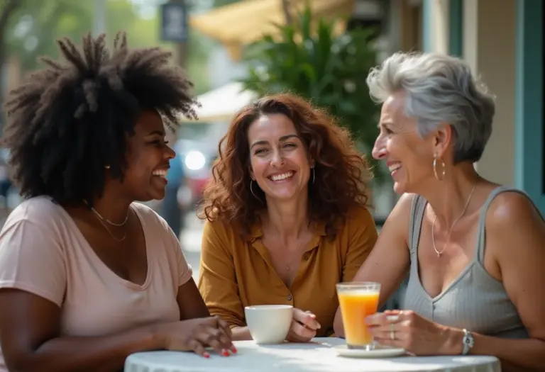 Mulheres brasileiras diversas rindo juntas em café ao ar livre.