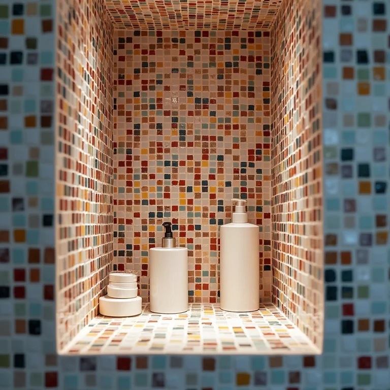 Nicho de banheiro revestido com pastilhas de vidro coloridas em mosaico.