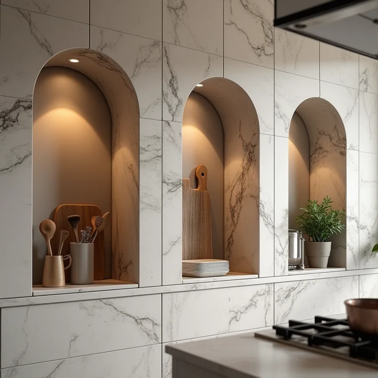 Nichos de granito em cozinha para organização com estilo