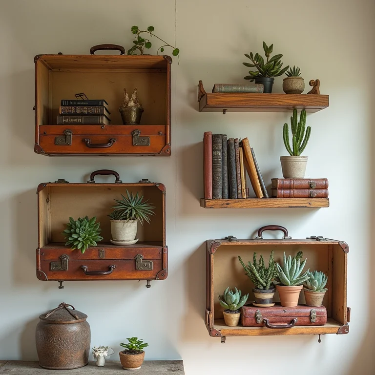 Nichos e prateleiras feitos com malas antigas