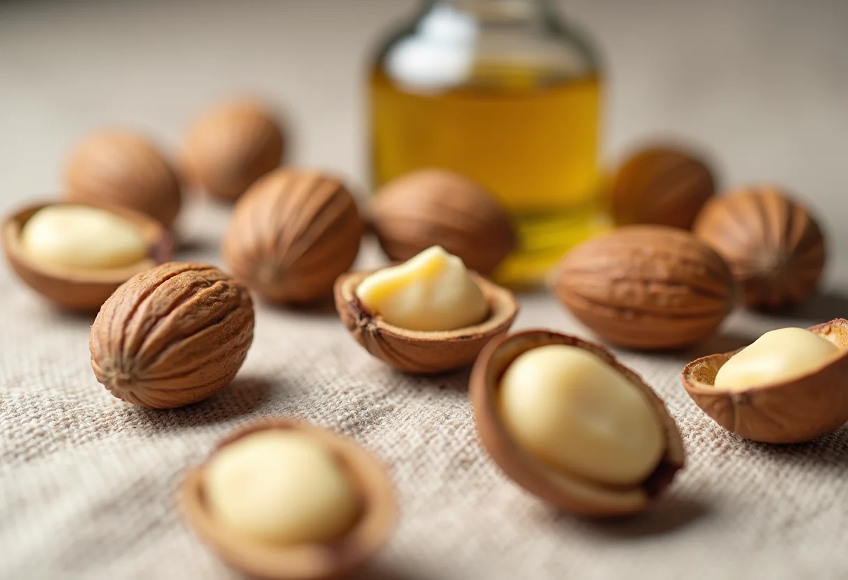Macadâmia: O segredo para uma pele jovem e um corpo saudável Nozes de macadâmia e óleo em close-up
