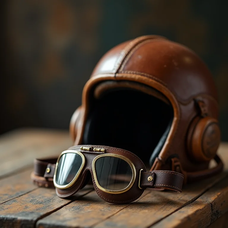 Óculos de aviador vintage e capacete de couro