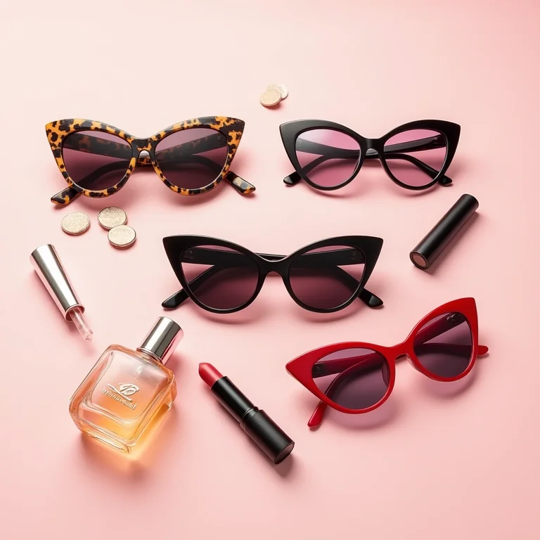 Óculos gatinho em diferentes cores e materiais organizados em um flat lay