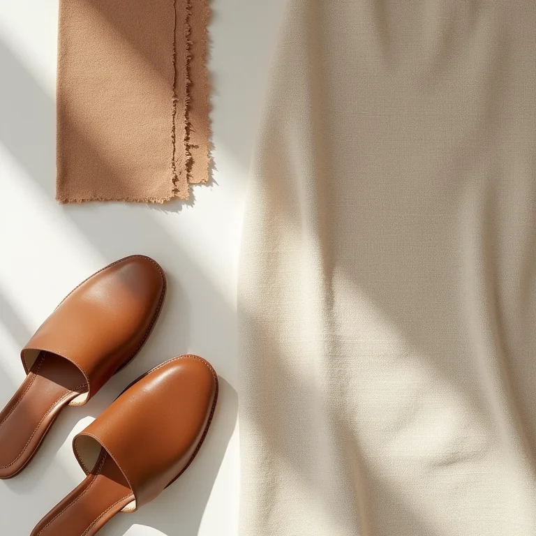 Organização de amostras de tecidos com rasteirinha de couro, vista de cima.