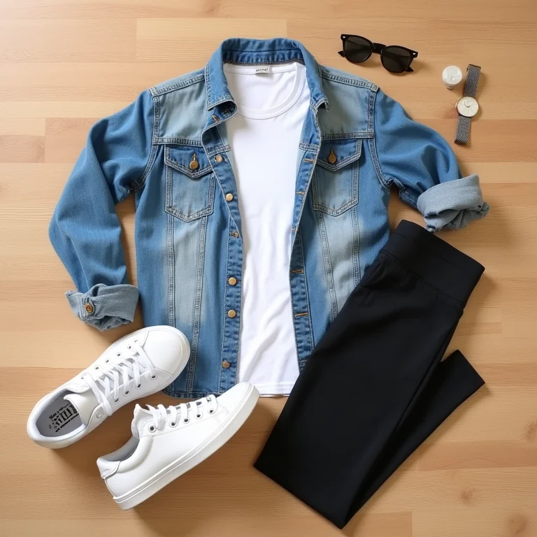 Organização de peças de roupa casuais: jaqueta jeans, camiseta branca, leggings pretas e tênis brancos