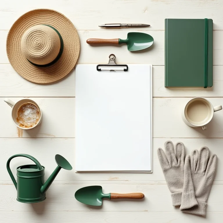 Organização estética de ferramentas de jardinagem, chapéu de palha e guia de plantas amazônicas.