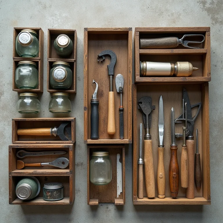Organizador de ferramentas feito com potes de vidro, latas e caixas de madeira recicladas.
