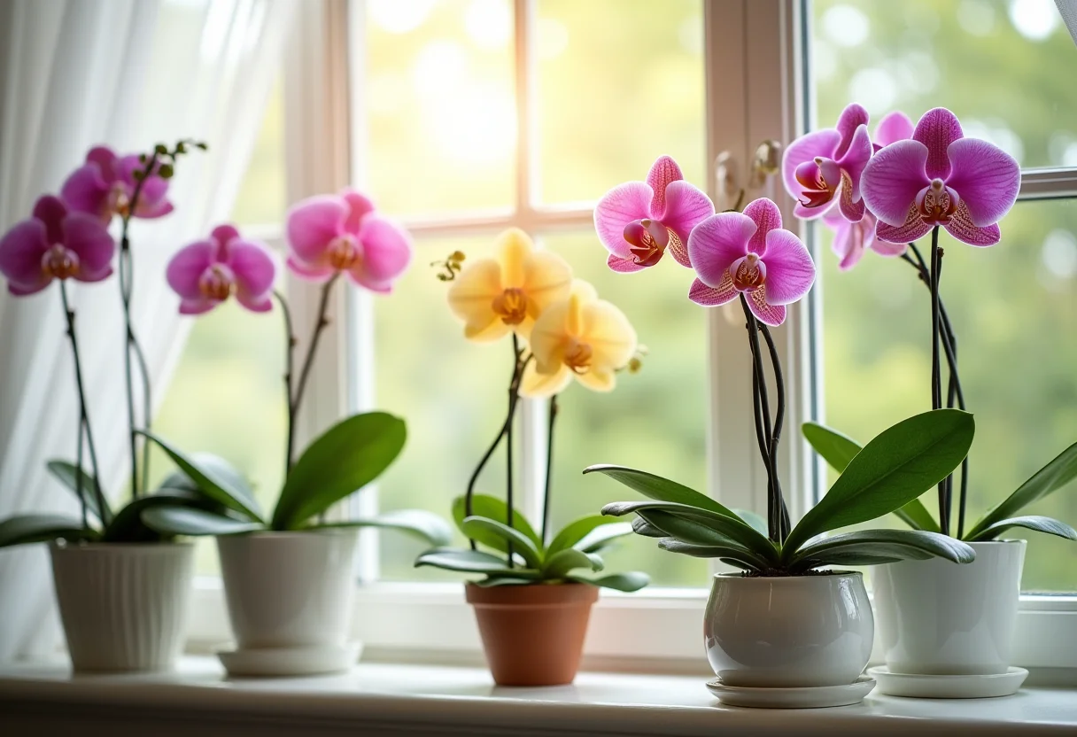 Orquídeas em Apartamento: Guia prático para flores lindas o ano todo Orquídeas coloridas em vasos de cerâmica sob a luz do sol em apartamento
