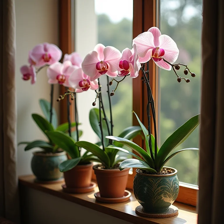 Orquídeas delicadas em vasos decorativos adornando uma varanda elegante