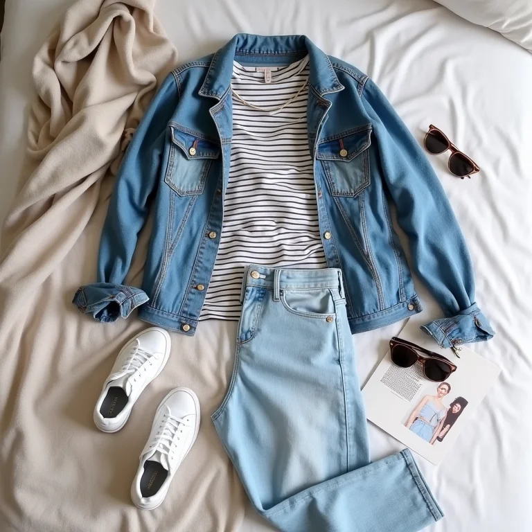 Outfit grid com mom jeans, blusa listrada e tênis branco para um look casual